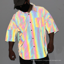 Reflective Shiny Short Sleeves Autumn High Street Hip Pop Men 100% Polyester Rainbow Neon Colour Shirts